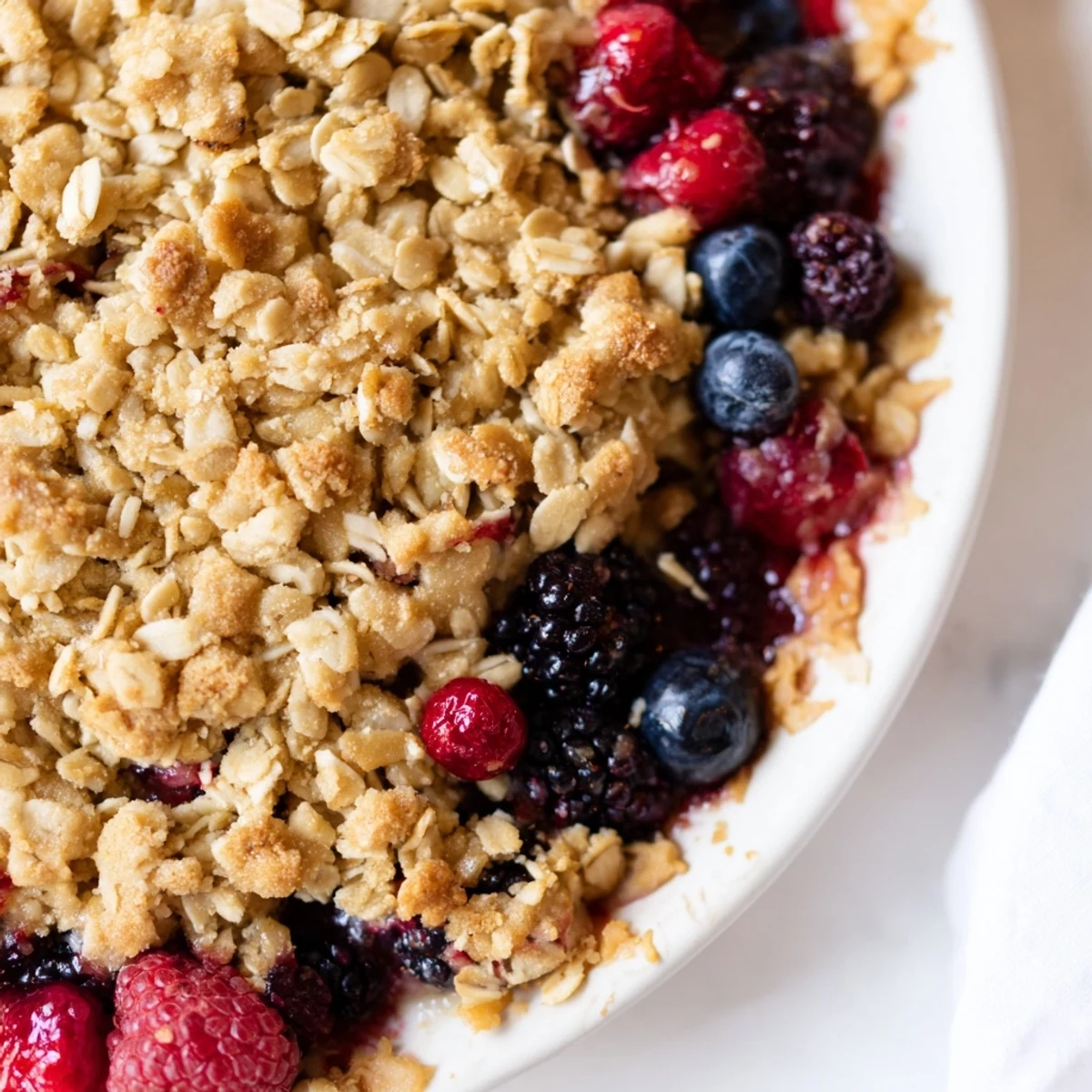 Homemade Winter Berry Crumble, a cozy dessert with a crispy oat topping perfect for a cold evening.