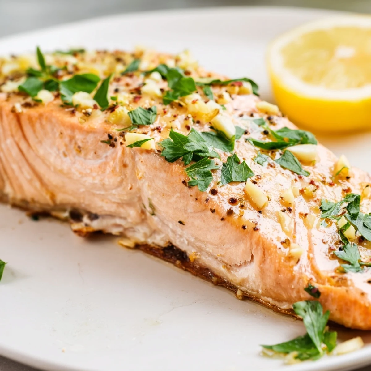 Flaky Baked Salmon with Lemon Pepper, beautifully golden, ready to serve with lemon wedges.