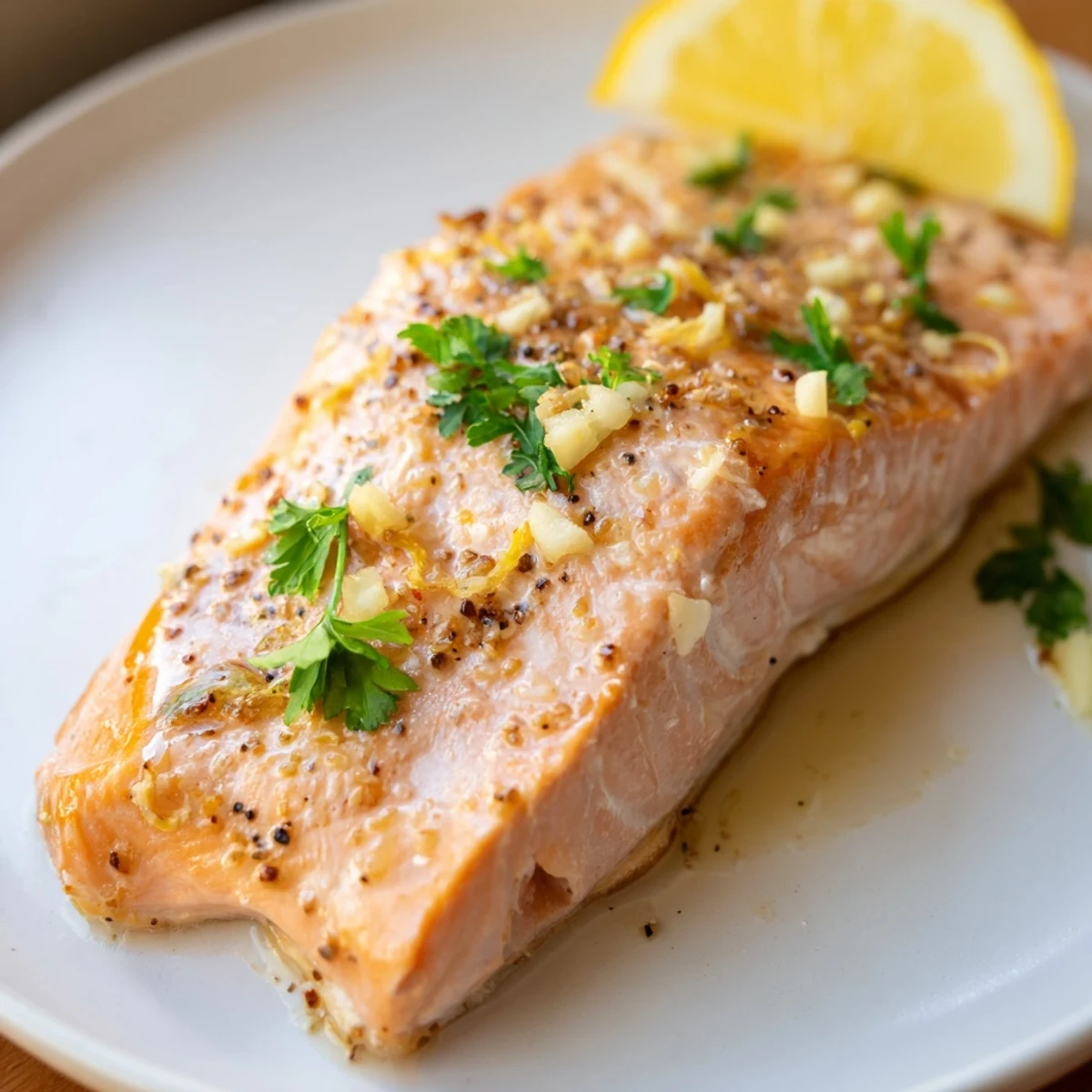 Vibrant Baked Salmon with Lemon Pepper, garnished with fresh parsley, perfect for a healthy dinner.