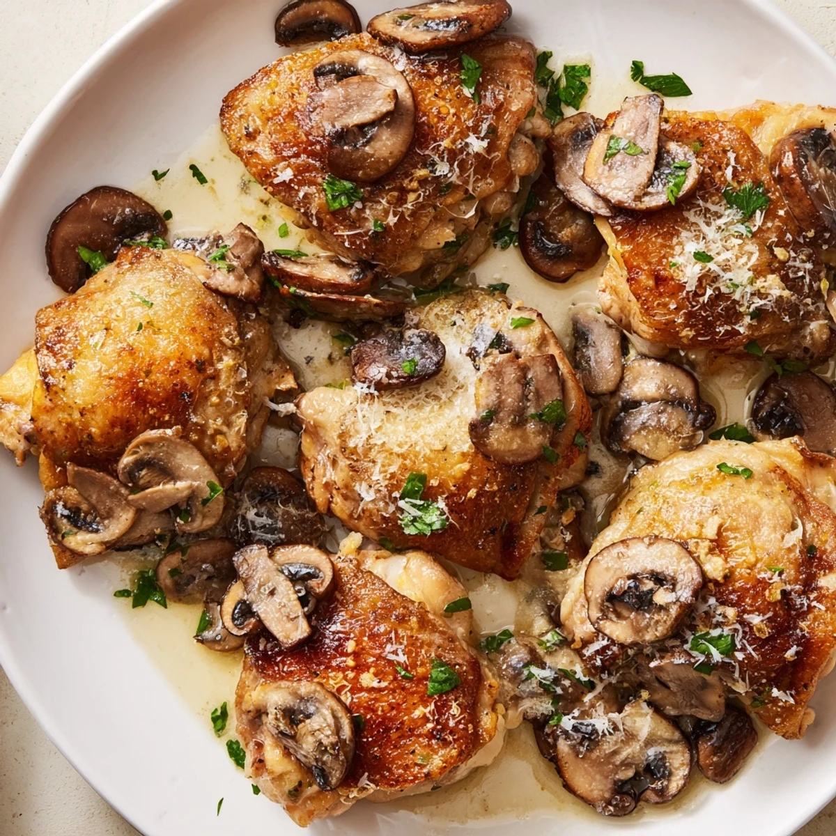 Juicy Creamy Garlic Mushroom Chicken Thighs glistening with a parsley garnish, a perfect meal.