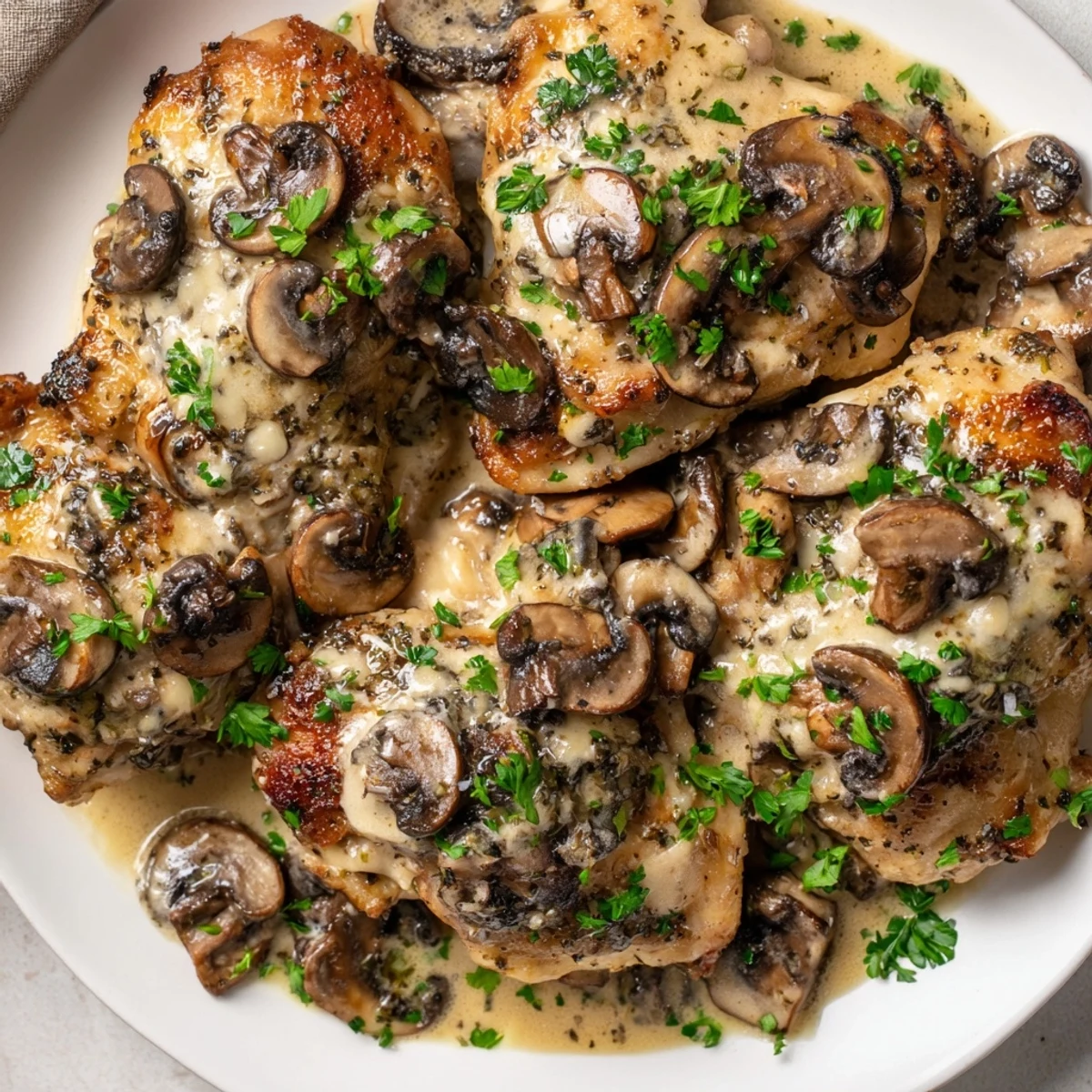 A close-up view of the savory Creamy Garlic Mushroom Chicken Thighs, served with a creamy mushroom sauce.