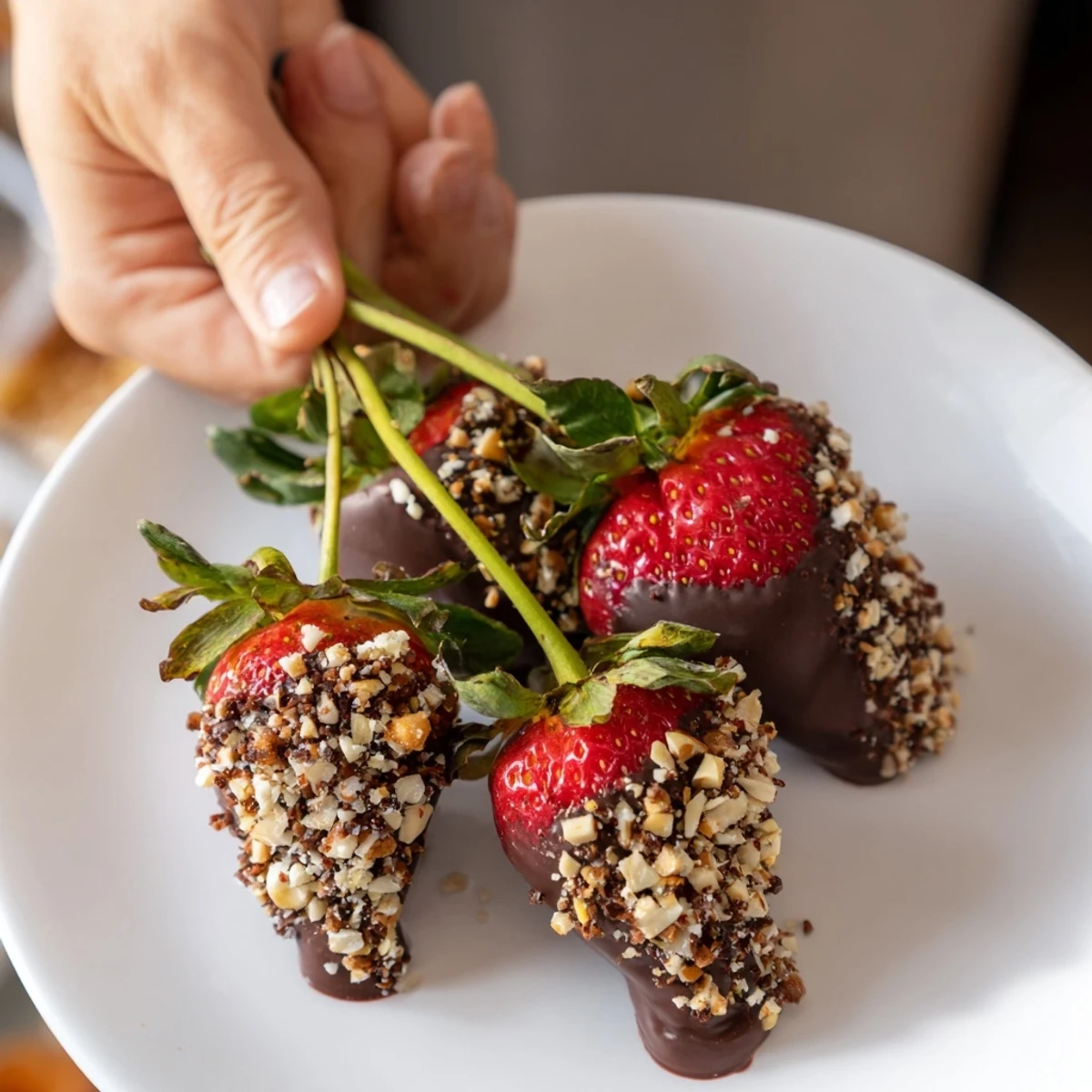 Mouthwatering chocolate dipped strawberries, topped with chopped nuts, perfect for sharing and enjoying.