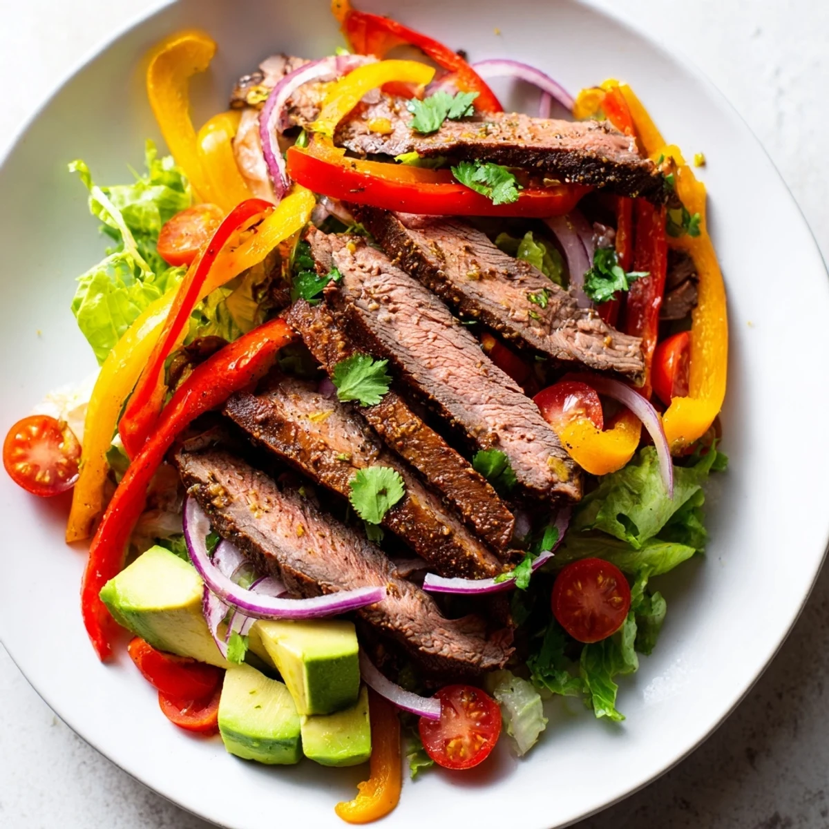 Juicy strips of beef and colorful peppers top a fresh Beef Fajita Salad, ready to eat.