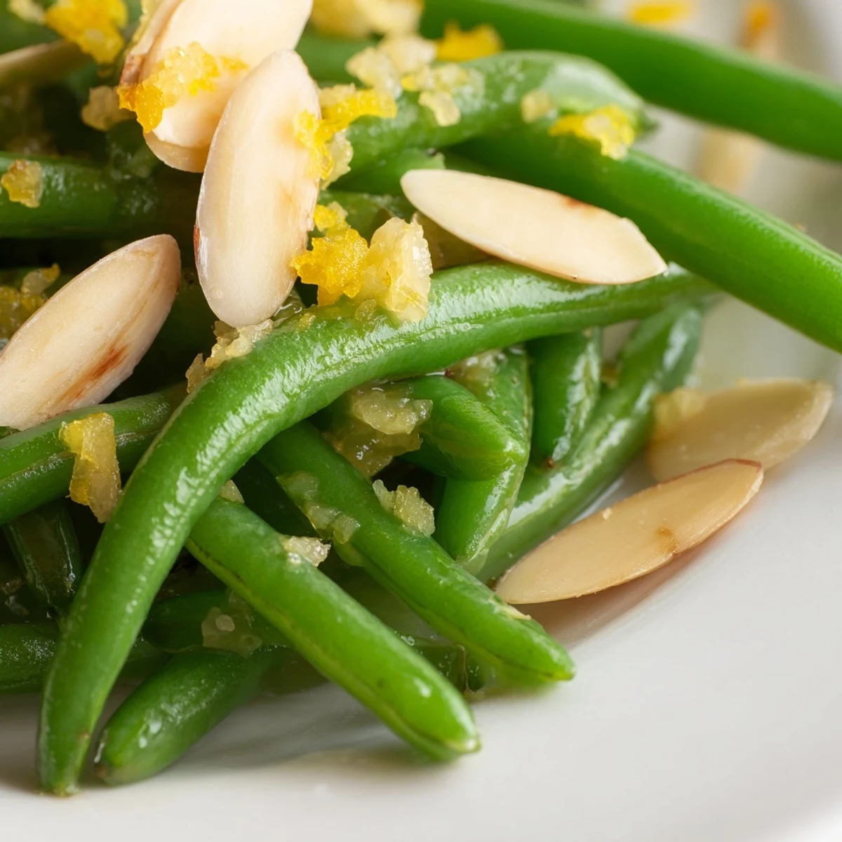 Bright green beans sautéed with minced garlic and tossed in lemon juice, topped with golden toasted almonds in a white serving bowl.
