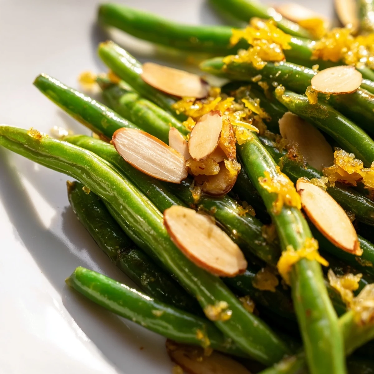 Tender crisp green beans in a skillet, mixed with fragrant garlic and lemon zest, finished with crunchy toasted almonds for a side dish.