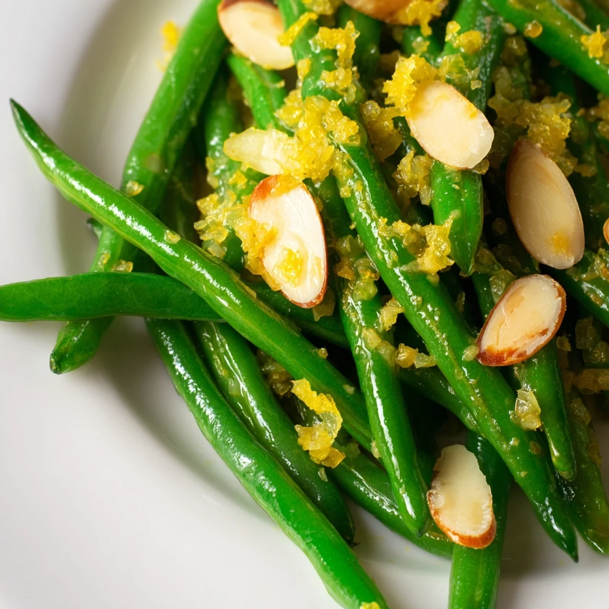 Freshly prepared Lemon Garlic Green Beans with Toasted Almonds on a ceramic platter, garnished with lemon wedges and ready to serve.