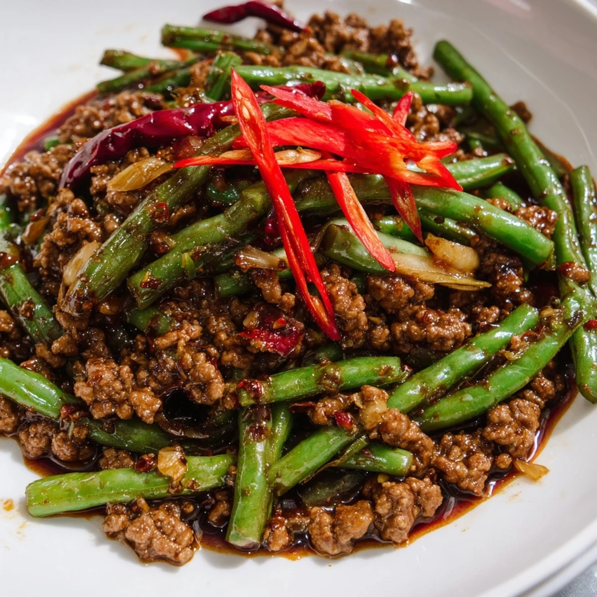 Spicy Szechuan Green Beans with Minced Beef served over fluffy white rice, garnished with fresh scallions.