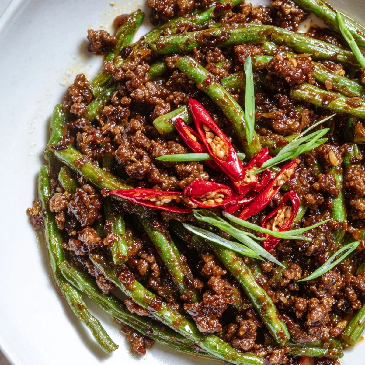 A close-up of Spicy Szechuan Green Beans with Minced Beef, featuring vibrant red chilies and sesame seeds.