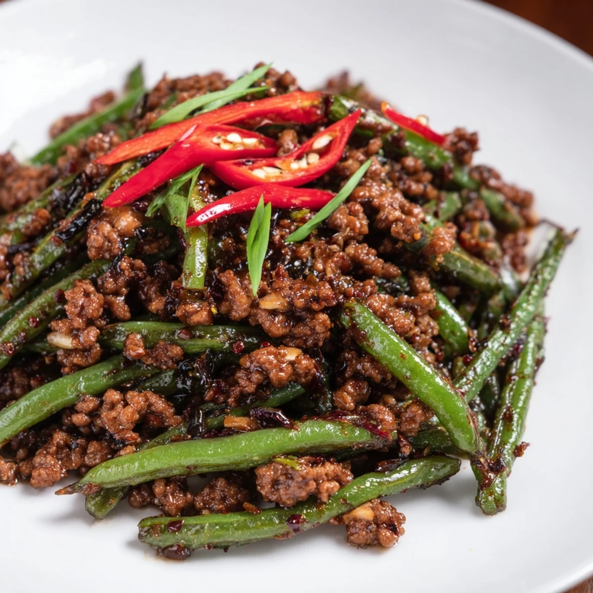 Tender-crisp green beans and savory minced beef in a bold Szechuan sauce, ready to serve hot.