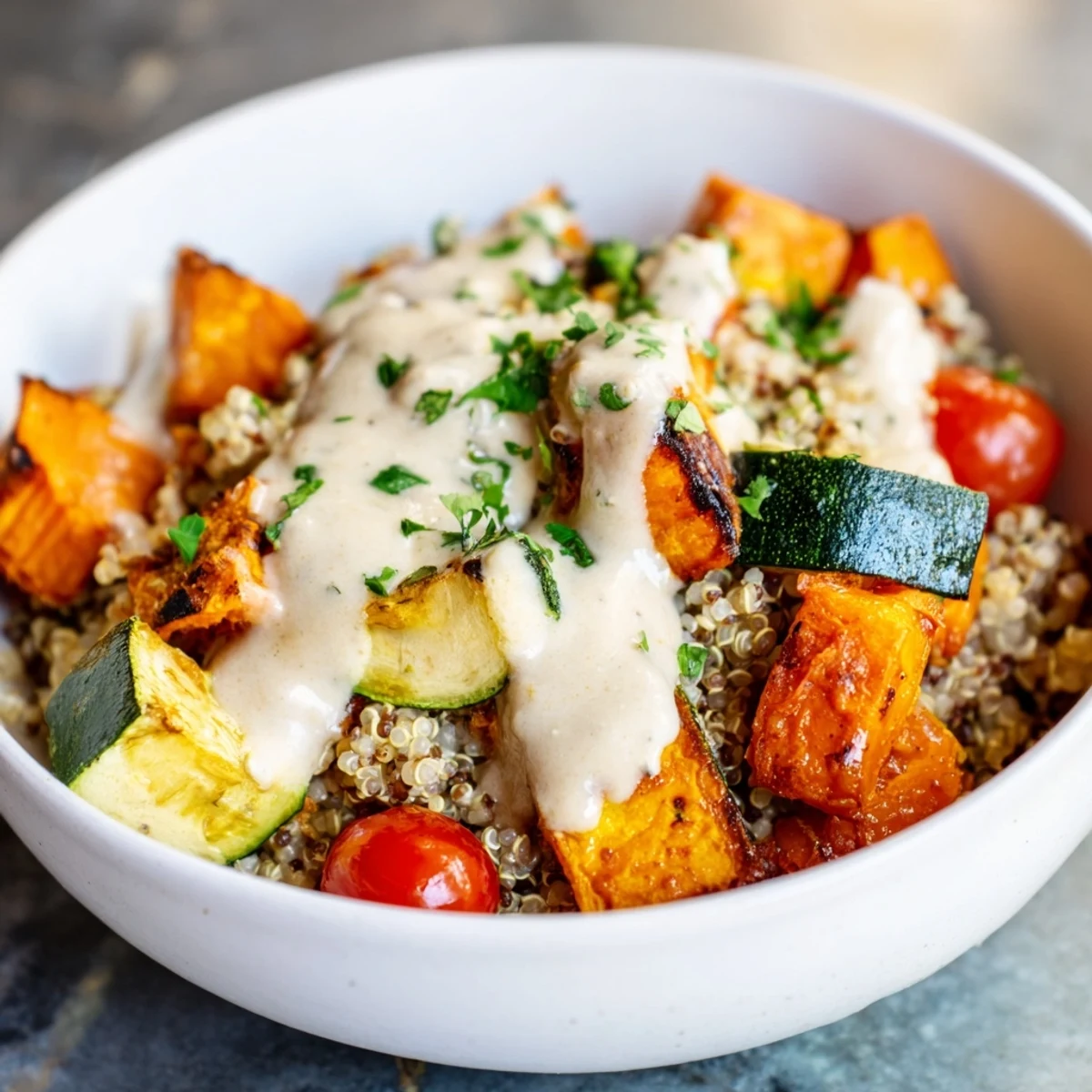 Fluffy quinoa base in a Roasted Vegetable Quinoa Bowl with Tahini, topped with caramelized veggies and creamy tahini dressing drizzled over the top.
