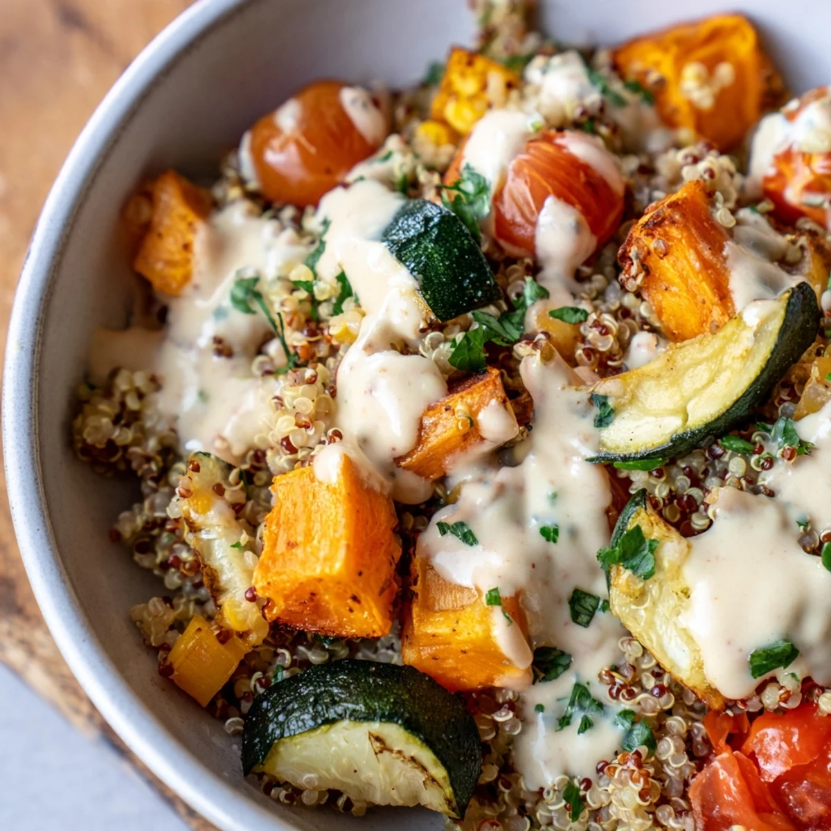Golden roasted zucchini, bell peppers, and sweet potato fill this Roasted Vegetable Quinoa Bowl with Tahini, garnished with parsley and sesame seeds.