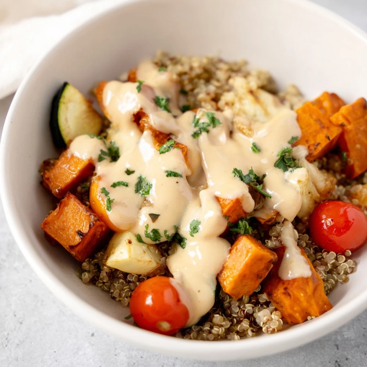 A vibrant, healthy vegan dinner of Roasted Vegetable Quinoa Bowl with Tahini, featuring tender vegetables and rich sesame sauce for a nourishing meal.