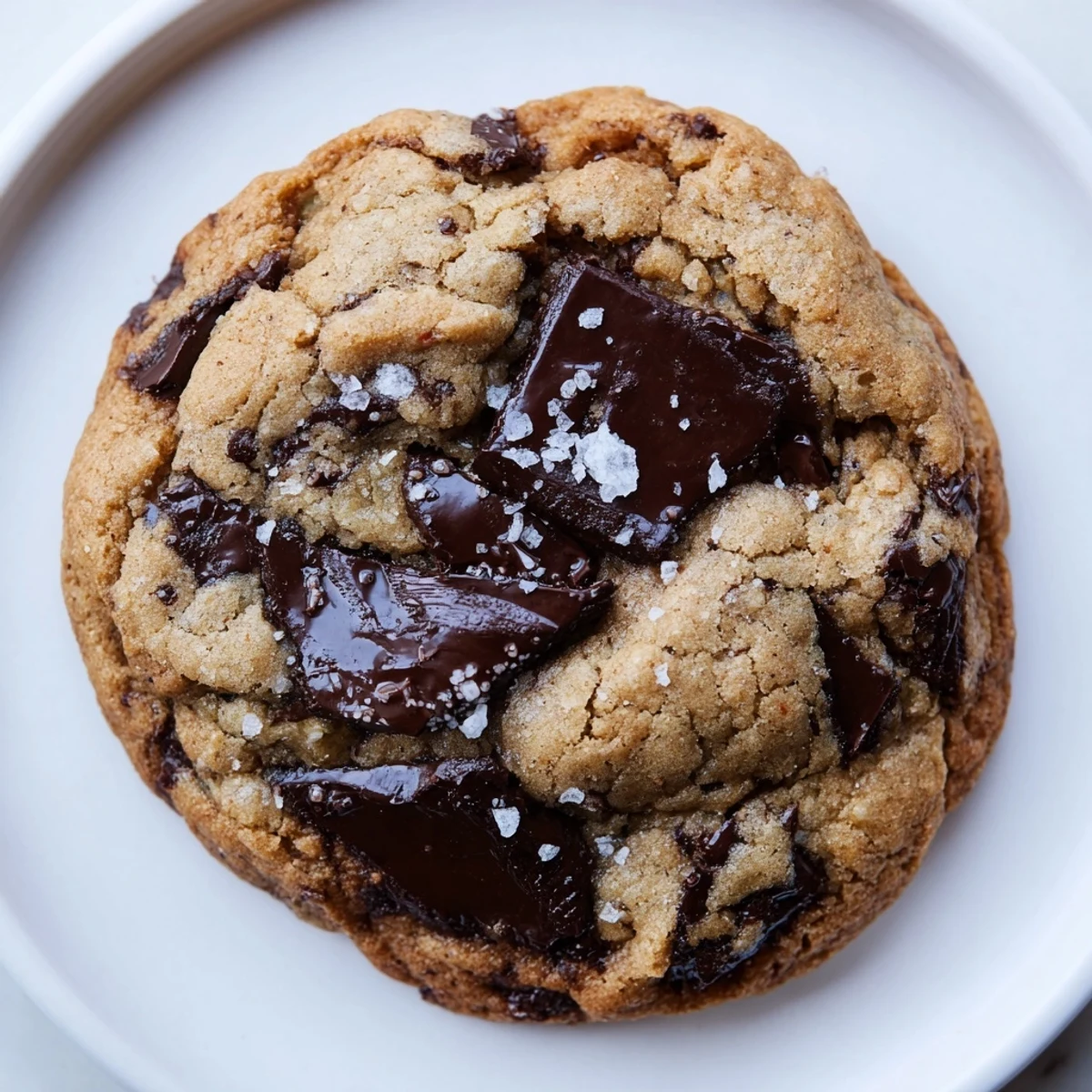 Golden-brown Chocolate Chip Cookies with Sea Salt Flakes are displayed on a cooling rack next to a glass of milk.