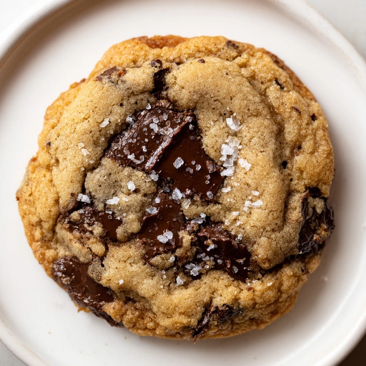 A close-up shows gooey dark chocolate chips inside Chocolate Chip Cookies with Sea Salt Flakes, highlighting the chewy texture.