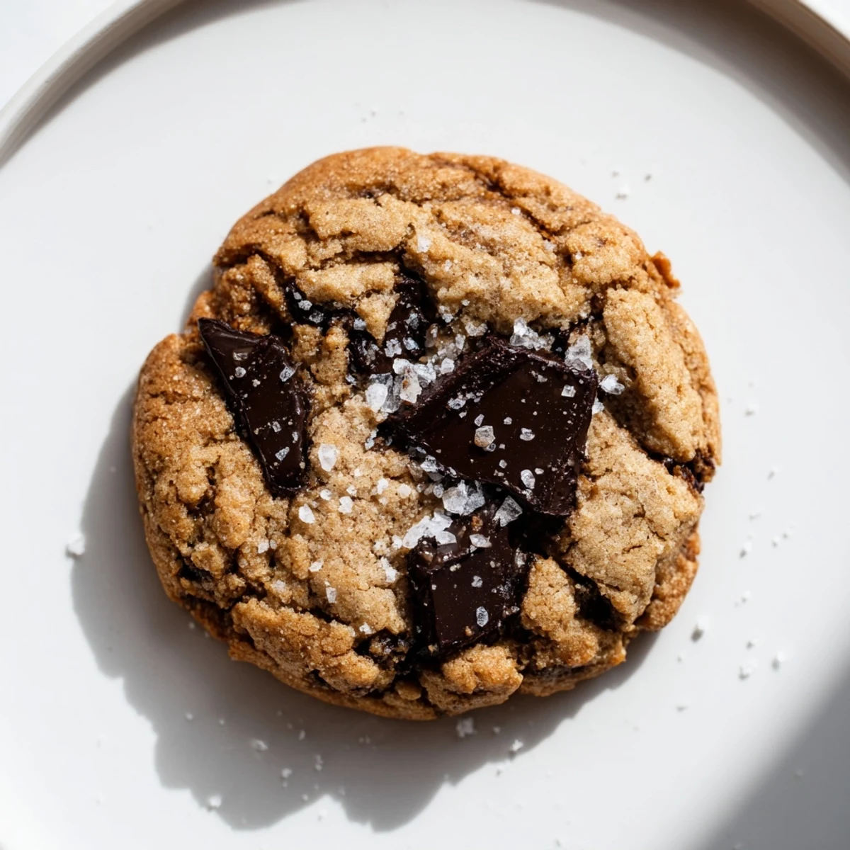 Freshly baked Chocolate Chip Cookies with Sea Salt Flakes arranged on a rustic wooden board with walnuts scattered nearby.
