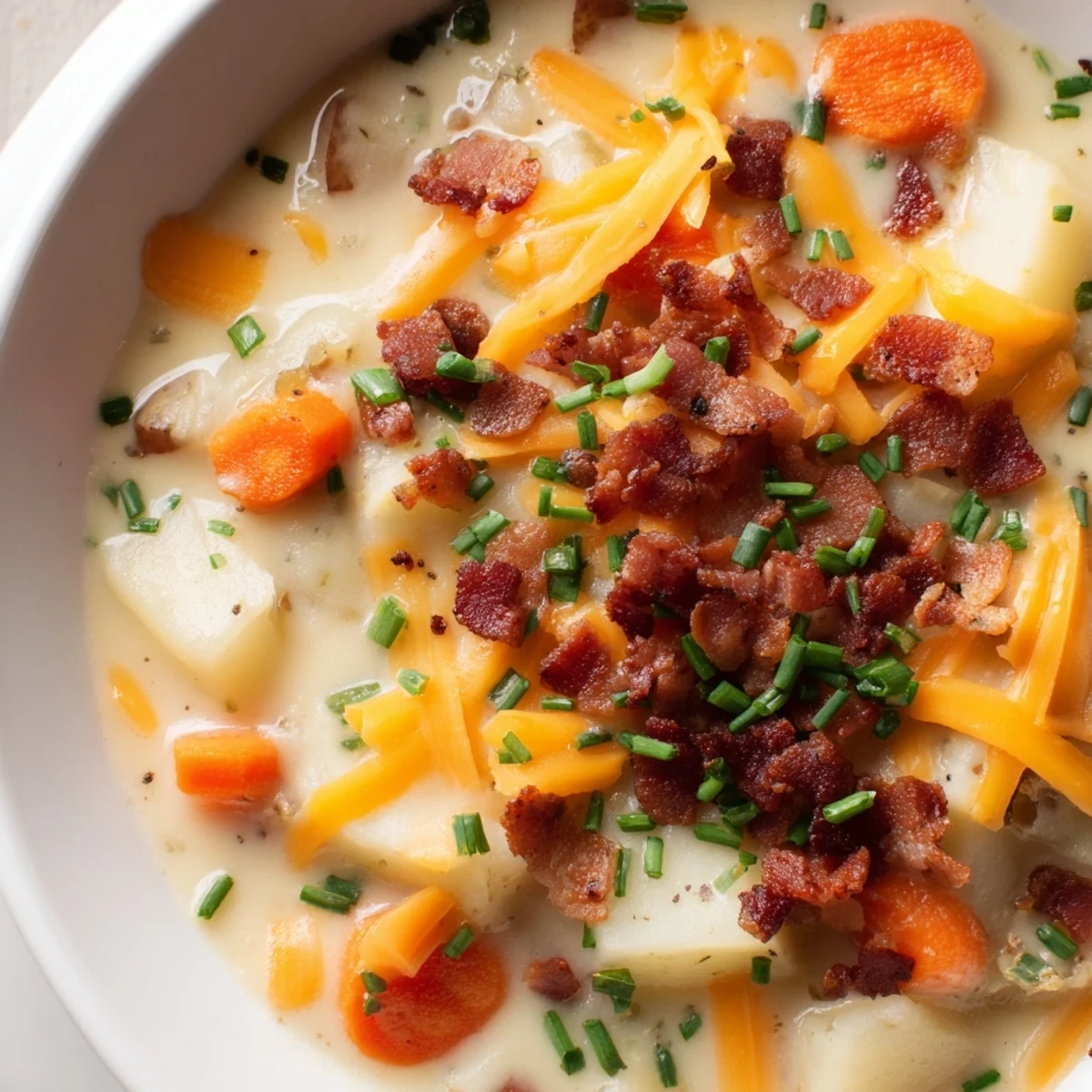 Creamy Potato Soup with Cheese and Beef Bacon steaming in a rustic bowl, topped with extra cheddar, crispy beef bacon bits, and fresh chives.