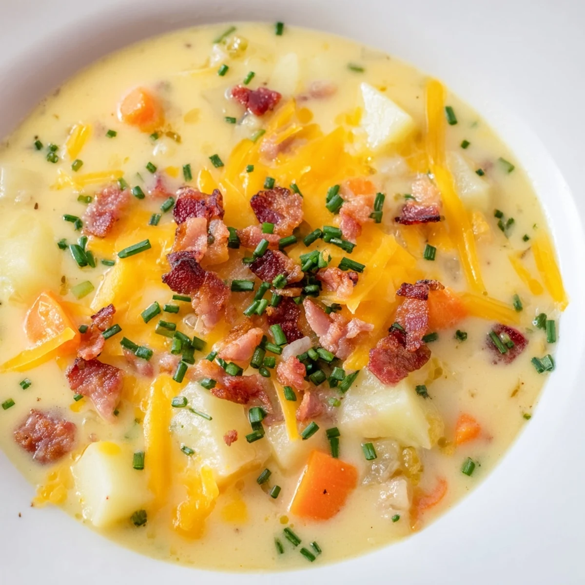 Creamy Potato Soup with Cheese and Beef Bacon served in a cozy pot alongside crusty bread for dipping on a wooden table.
