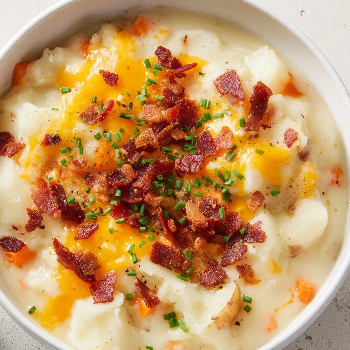 Close-up of Creamy Potato Soup with Cheese and Beef Bacon in a ladle, showing its thick texture with melted cheddar and tender potatoes.
