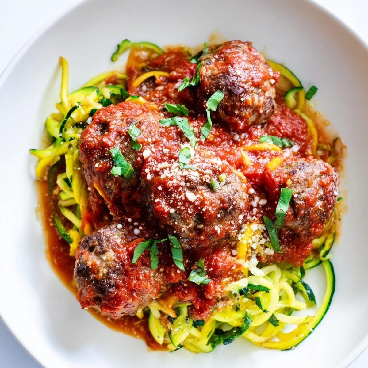 Freshly rolled turkey meatballs simmer in rich marinara, nestled on tender sautéed zucchini noodles for a healthy low-carb dinner.
