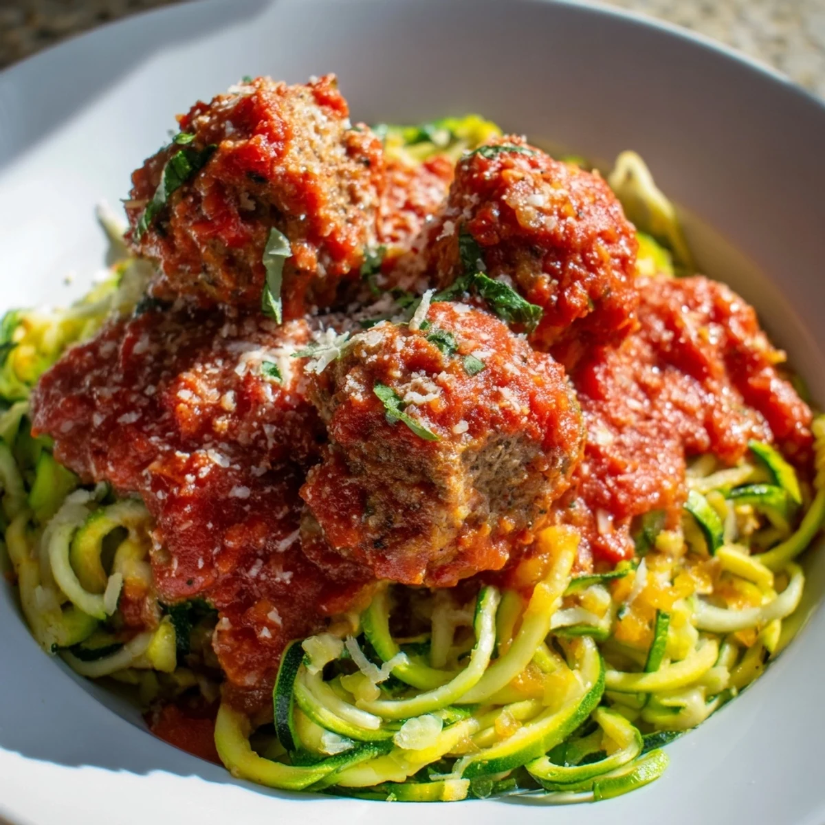 Golden-brown herb turkey meatballs topped with spiralized zucchini and homemade marinara sauce, garnished with fresh basil and Parmesan cheese.