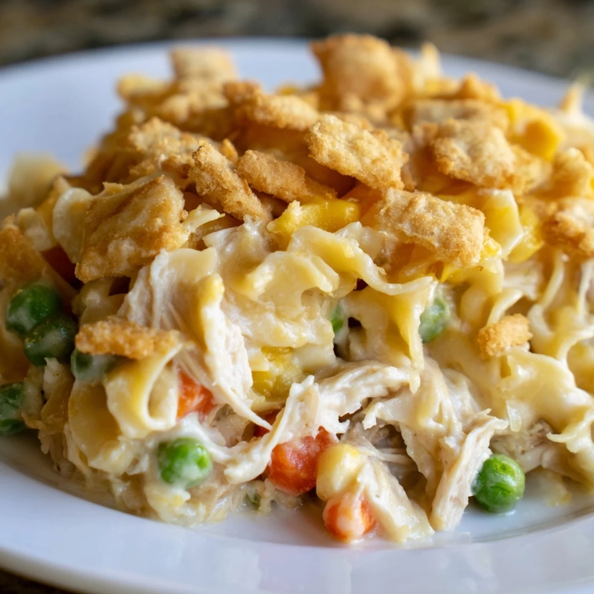 Golden-brown buttery cracker crumble topping on a creamy Chicken Noodle Casserole with Cracker Crumble, ready to serve.