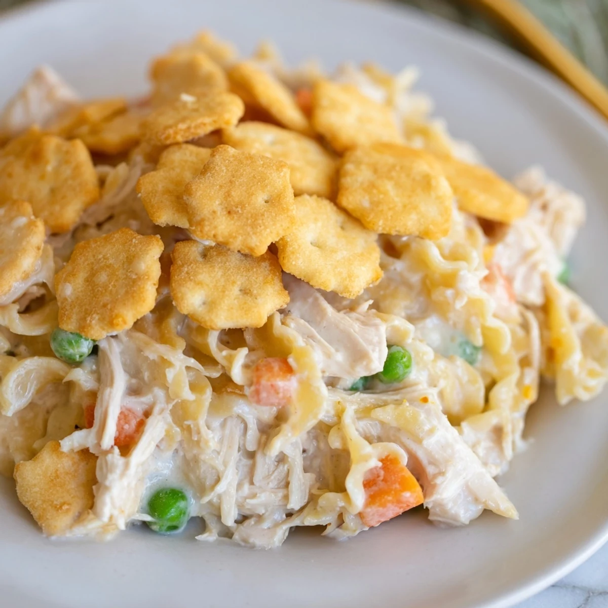 Freshly baked Chicken Noodle Casserole with Cracker Crumble bubbling with cheddar cheese and peas, served in a white dish.