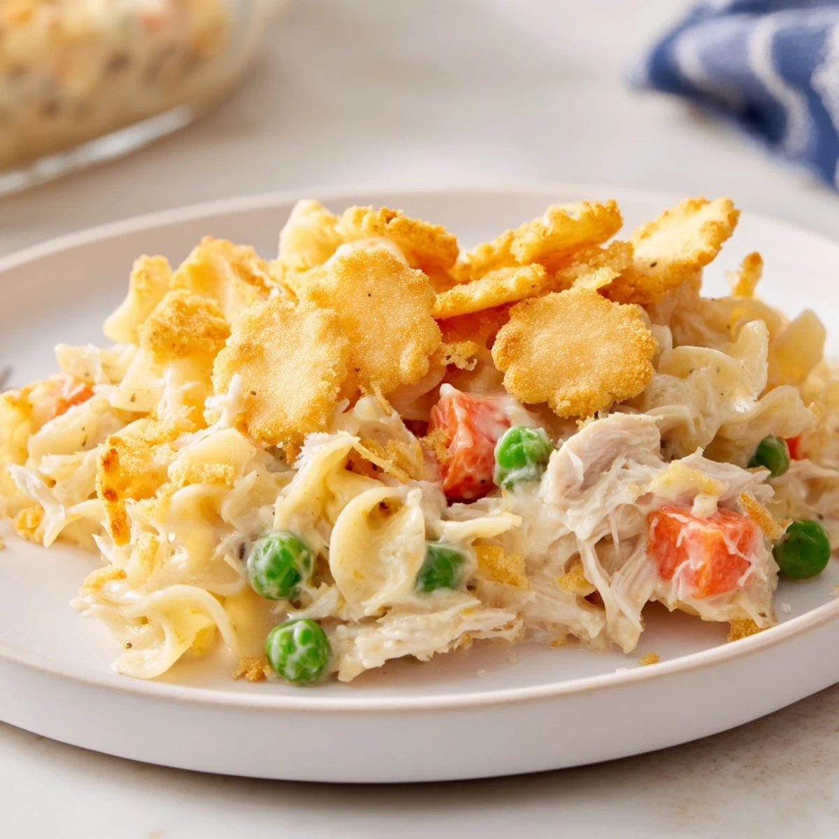 Comforting Chicken Noodle Casserole with Cracker Crumble with shredded chicken and egg noodles, steaming beside a green salad.