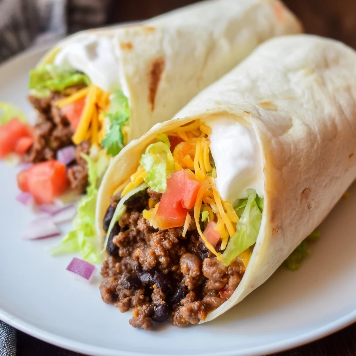 A close-up of a beef and bean burrito cut in half, revealing layers of savory beef, refried beans, and lettuce.