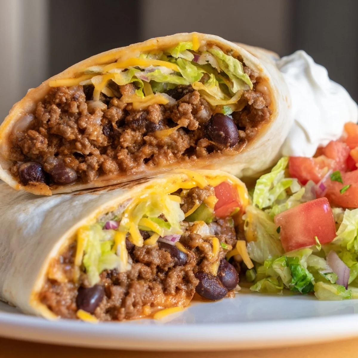 Four warm flour tortillas filled with seasoned ground beef, creamy black beans, and melty cheddar, topped with fresh salsa.