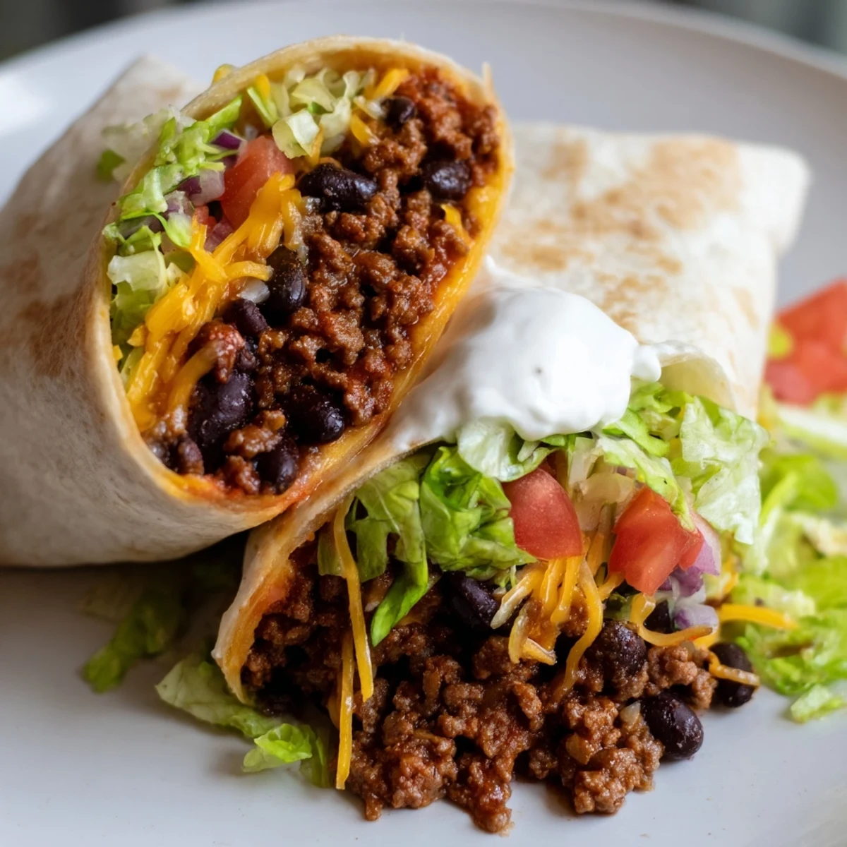 Served on a rustic plate with sour cream and extra salsa, this Tex-Mex beef and bean burrito looks delicious.