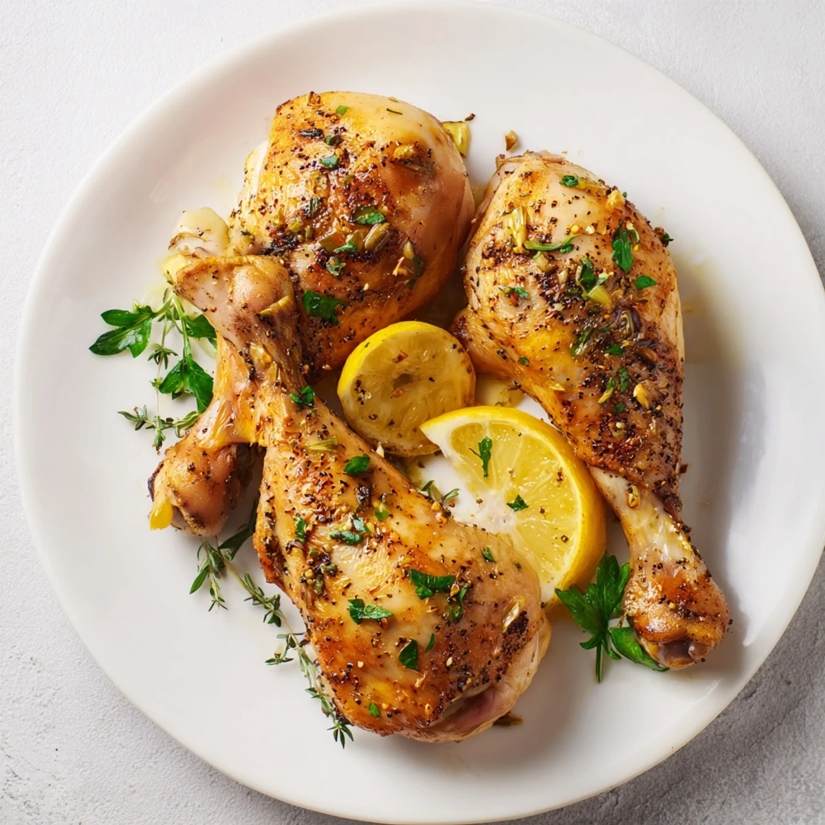 Sizzling Lemon Garlic Roasted Chicken legs fresh from the oven with crispy skin and roasted garlic cloves nearby.
