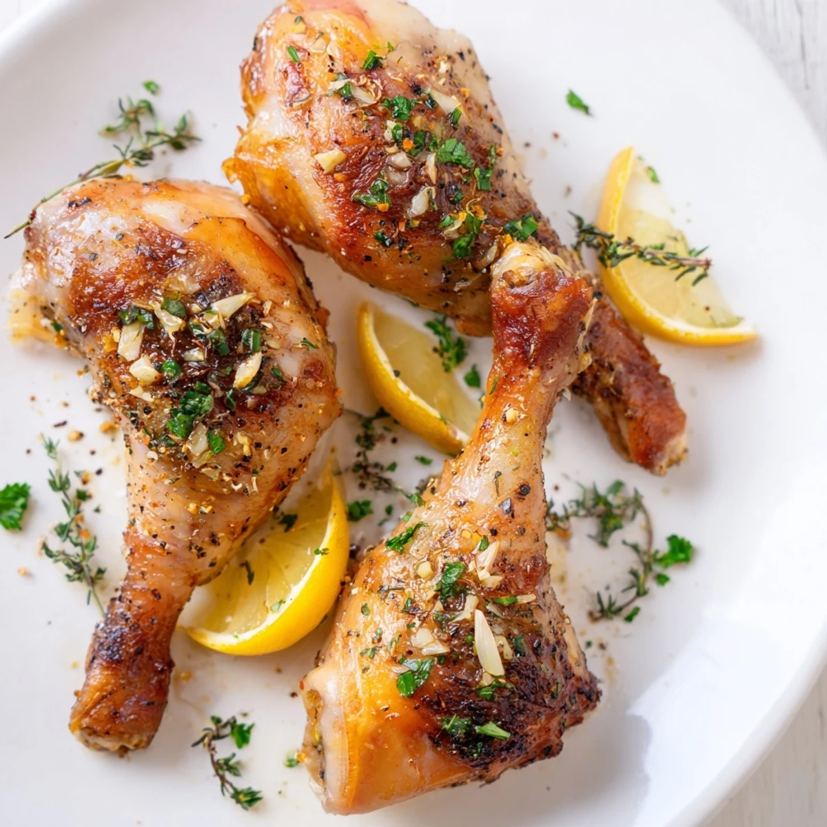 Golden-brown Lemon Garlic Roasted Chicken legs resting on a white platter, garnished with fresh parsley and lemon wedges.