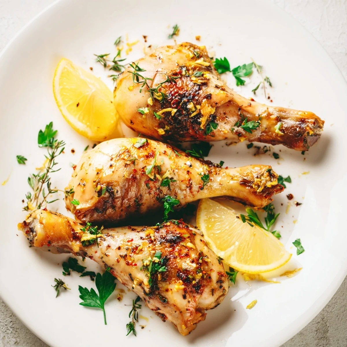 Juicy Lemon Garlic Roasted Chicken legs served alongside roasted potatoes and a green salad on a rustic table.