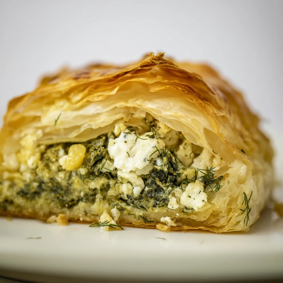 Freshly baked Savory Spinach and Feta Puff Pastry parcels are golden-brown and flaky, filled with creamy feta and wilted spinach on a white plate.