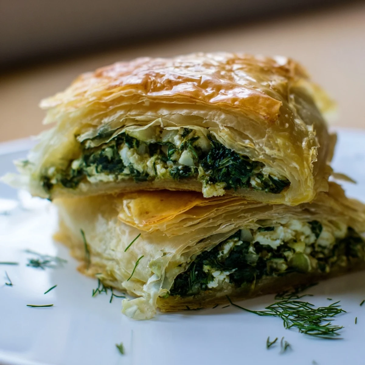 Melted feta and vibrant spinach peek out of a Savory Spinach and Feta Puff Pastry, showcasing the golden egg-washed crust on a dark wooden board.