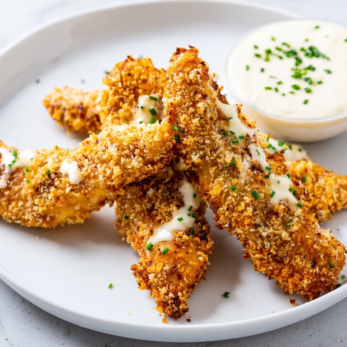 Crispy Chicken Tenders with Dip glistening on a plate, golden breading, ready to serve with creamy sauce.