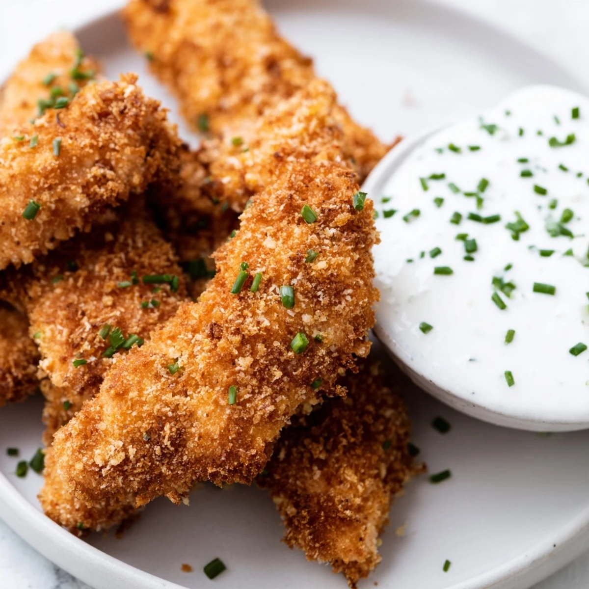 Family-style Crispy Chicken Tenders with Dip, golden fried, served with zesty sauce and lemon wedges.
