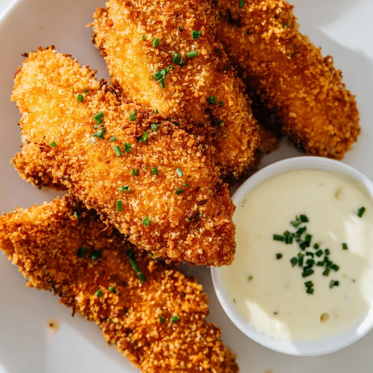 Homemade Crispy Chicken Tenders with Dip, panko-crusted and crunchy, paired with creamy chive dipping sauce.