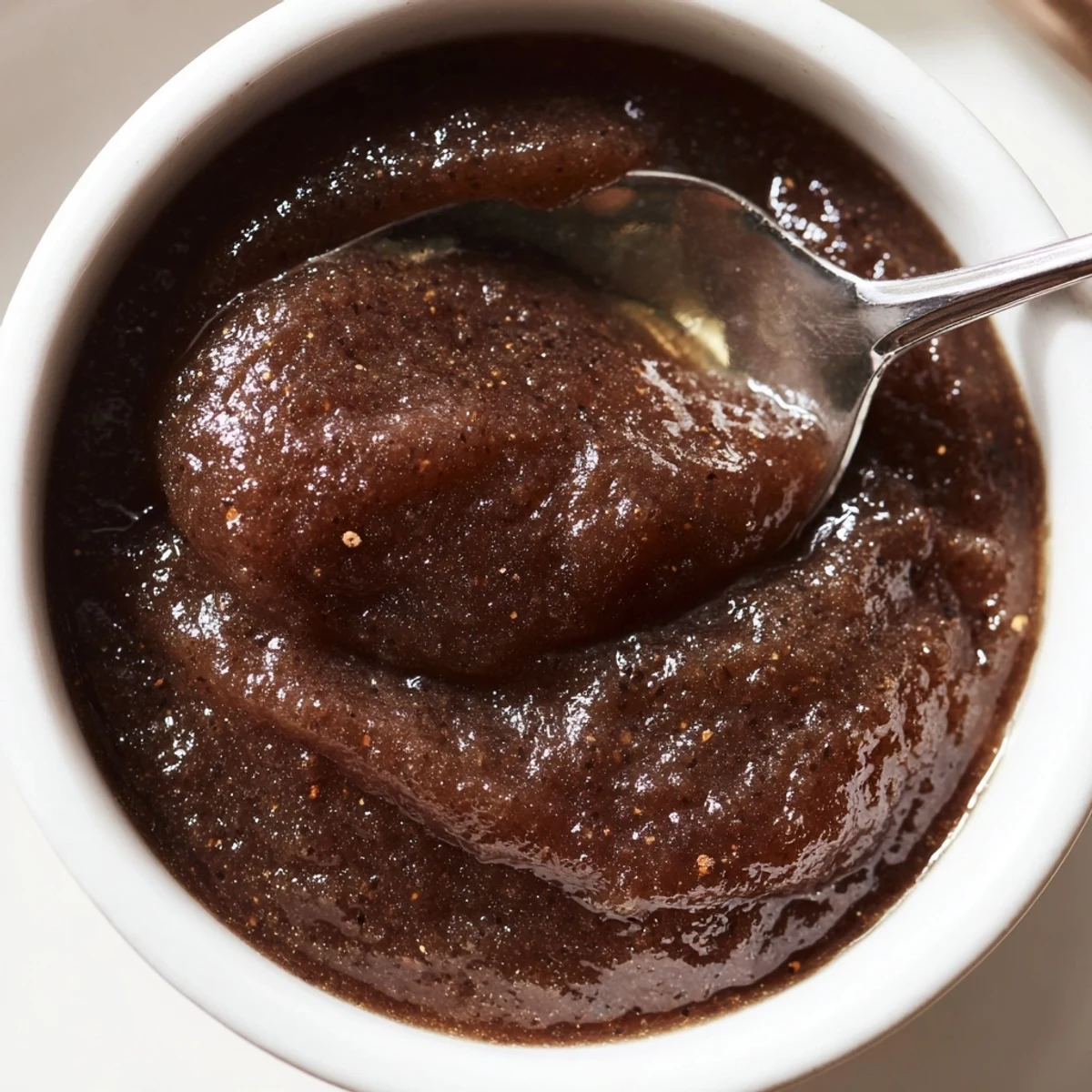 Creamy Spiced Apple Butter with Cloves swirled into oatmeal, scented with cinnamon and warm spices.