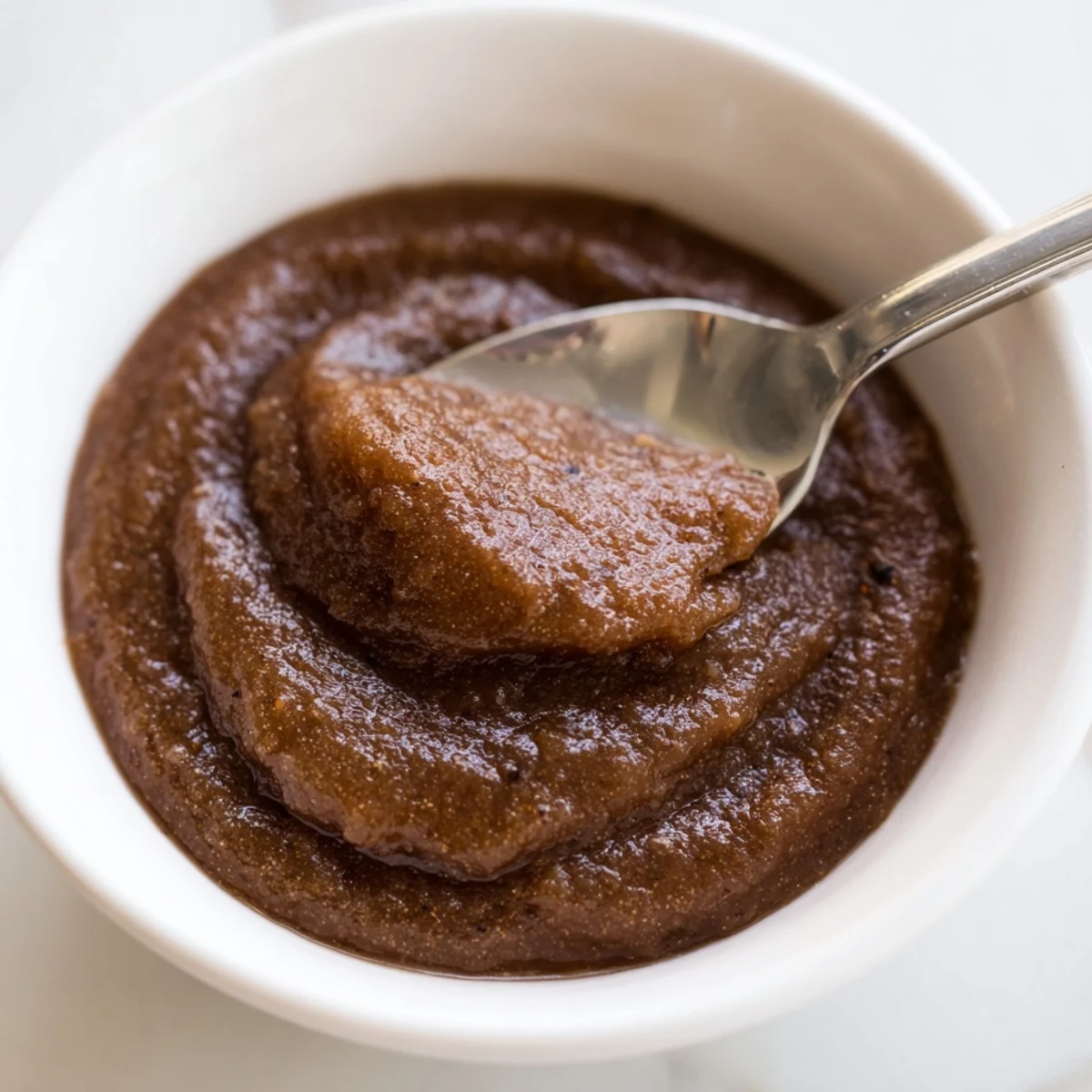 Jar of rich, vegan Spiced Apple Butter with Cloves alongside apple slices, great for pancakes.