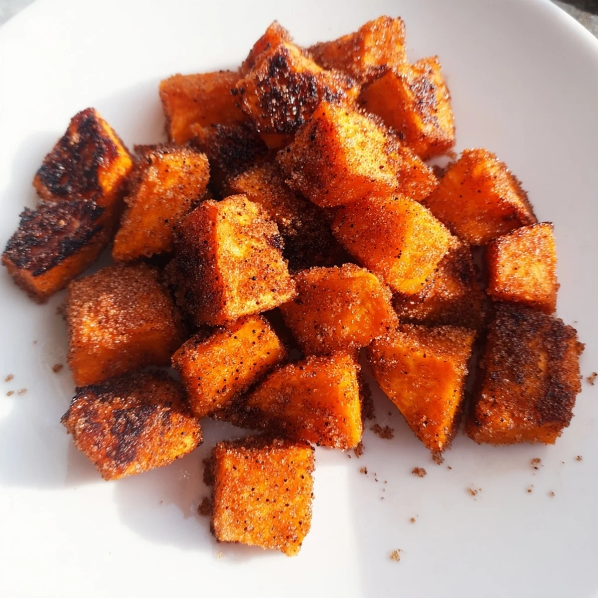 Golden-brown roasted sweet potatoes with cinnamon sugar glistening on a parchment-lined baking sheet, served hot.
