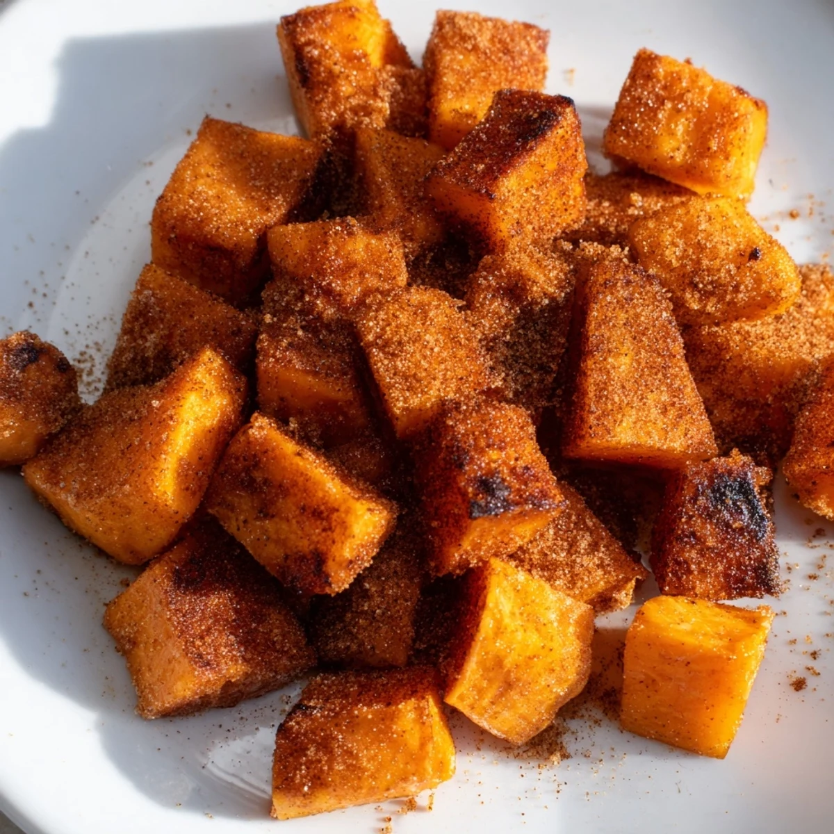 Caramelized roasted sweet potatoes with cinnamon sugar cooling on a tray, garnished with fresh herbs.