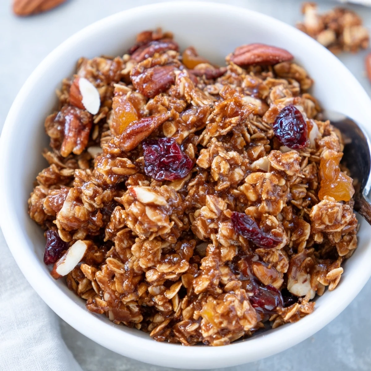 Loose Gingerbread Granola with dried fruit stored in a clear glass jar for snacking.