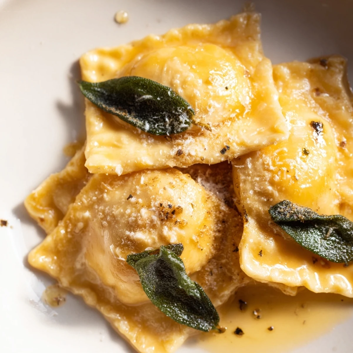 Golden brown Butternut Squash Ravioli tossed in a fragrant sage butter sauce, topped with fresh Parmesan.