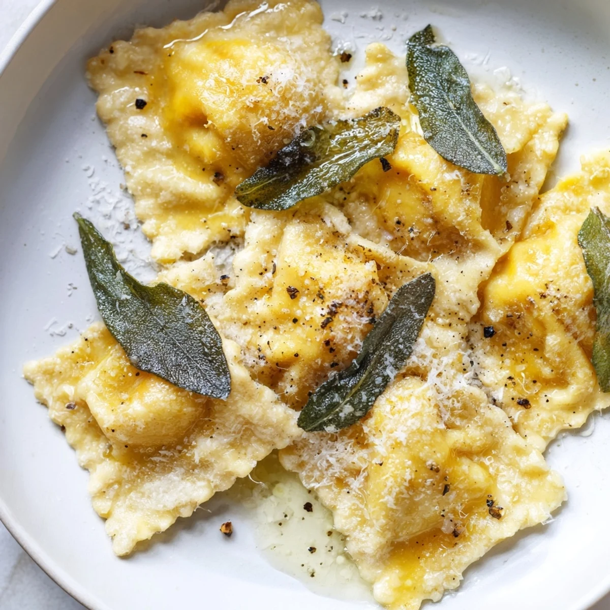 Plated Butternut Squash Ravioli with a creamy filling, served as a warm vegetarian Italian dinner.