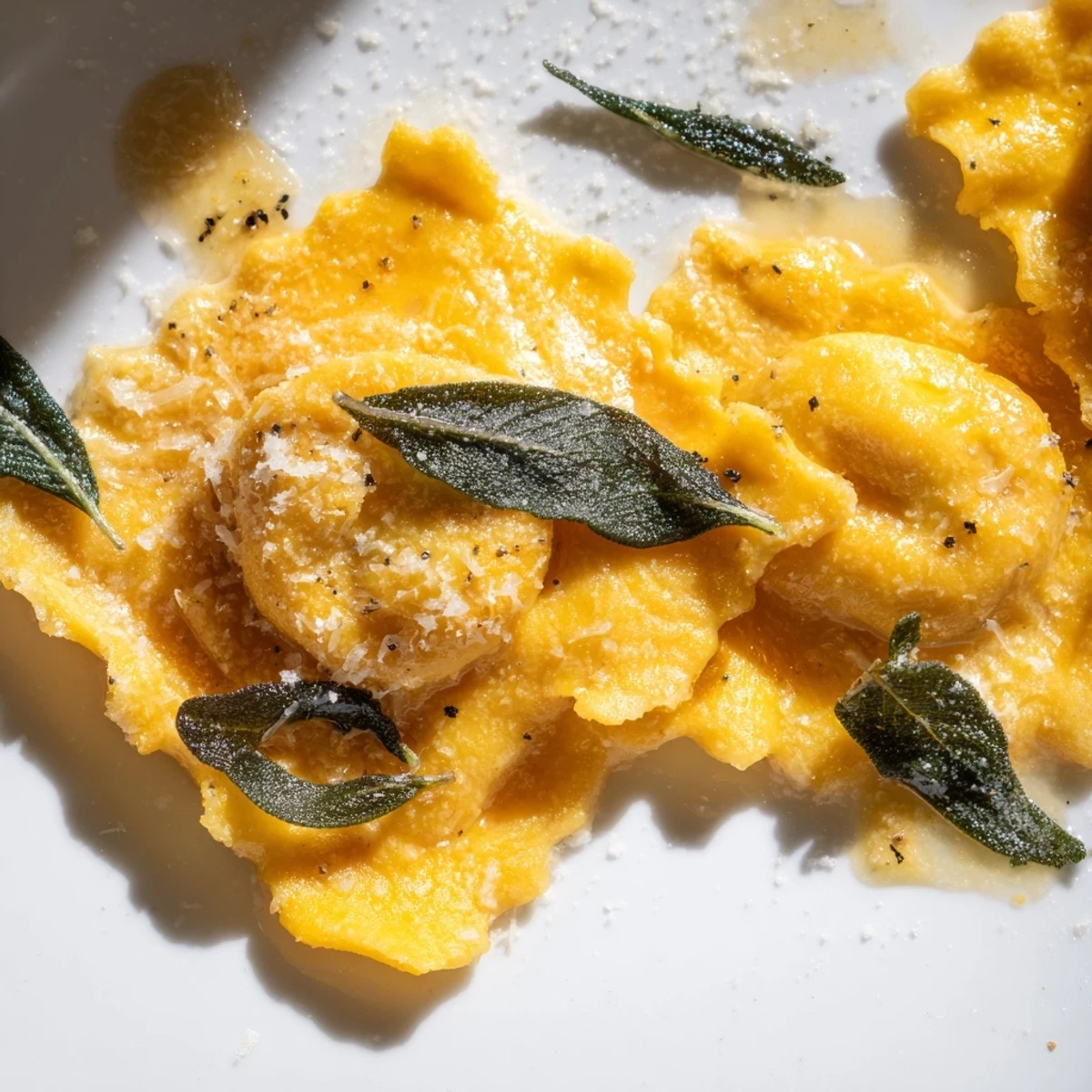 Close-up of homemade Butternut Squash Ravioli dripping with melted butter and crispy sage leaves.