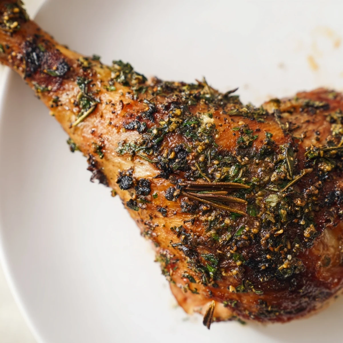 Golden-brown Herb Roasted Turkey Drumsticks with crispy skin sit beside fresh rosemary sprigs.