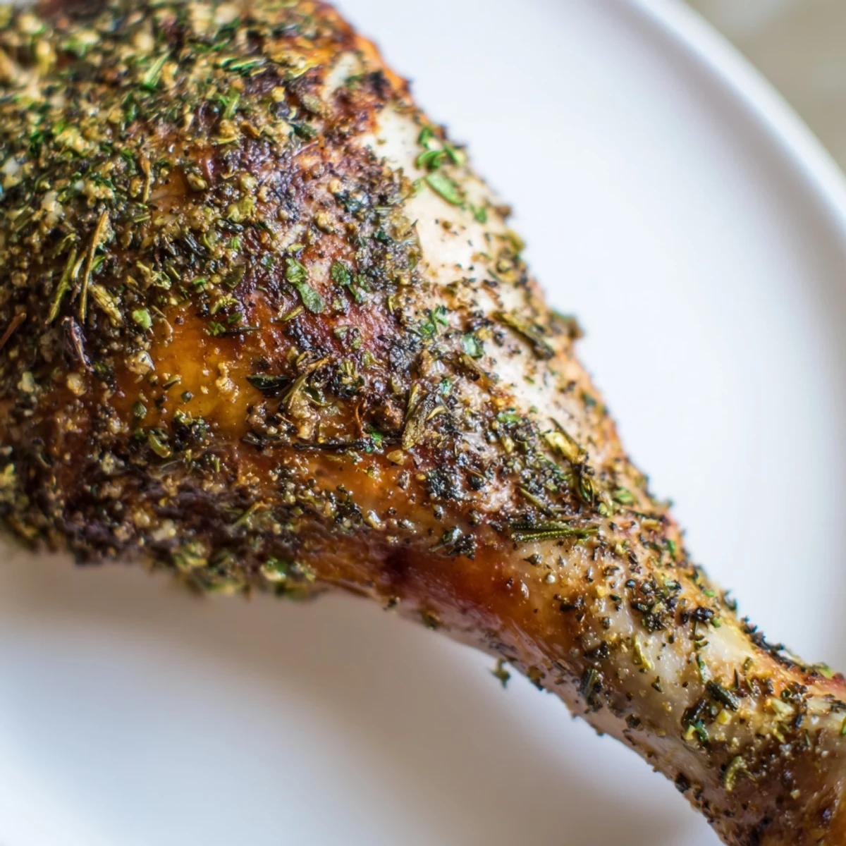 Fresh thyme and minced garlic top these juicy Herb Roasted Turkey Drumsticks on a platter.