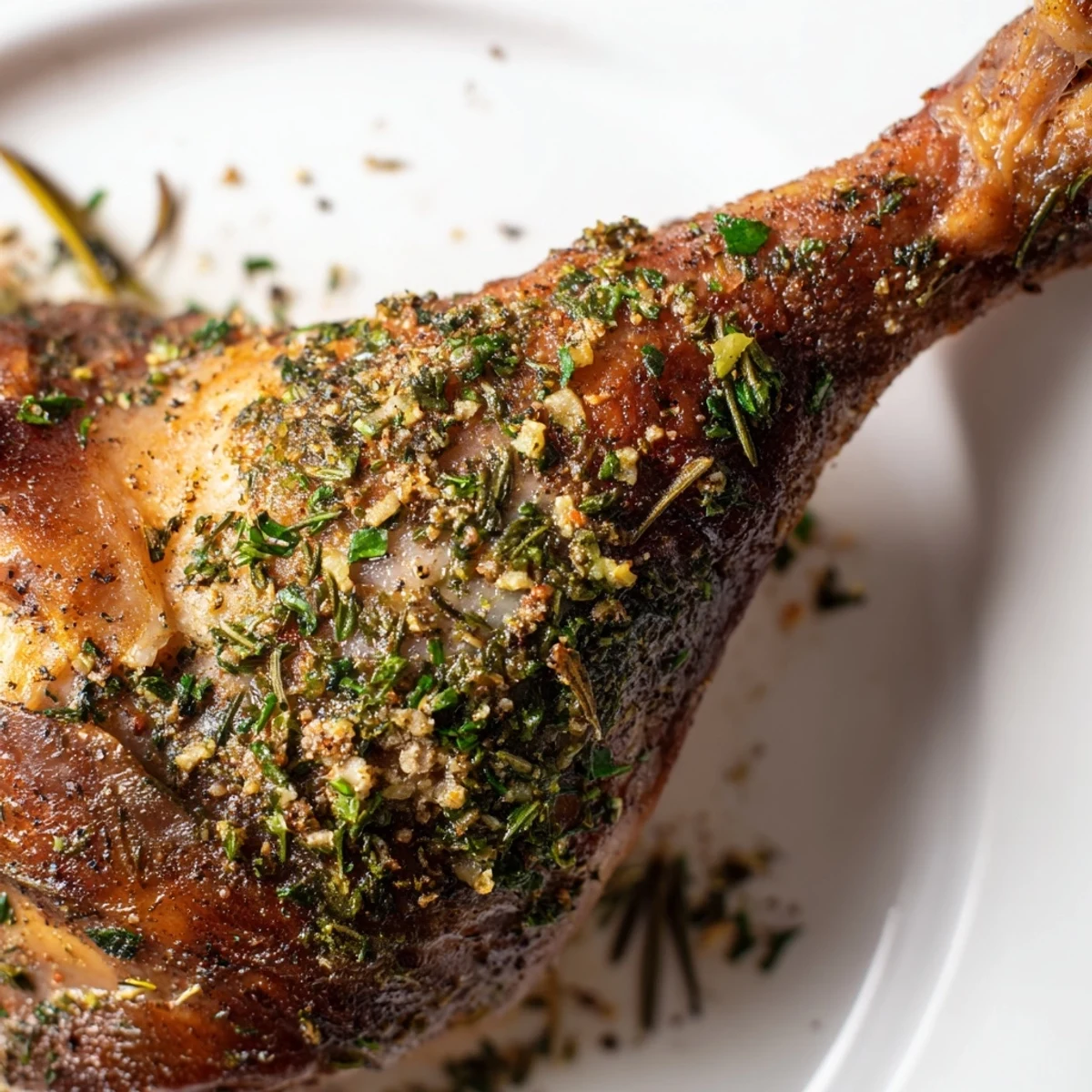 Two Herb Roasted Turkey Drumsticks are paired with mashed potatoes and steamed green beans.