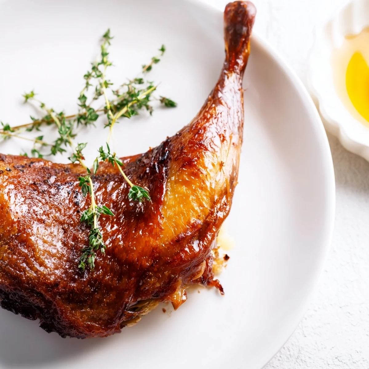 Golden roasted goose with crispy skin on a platter, garnished with fresh herbs for a traditional German feast.